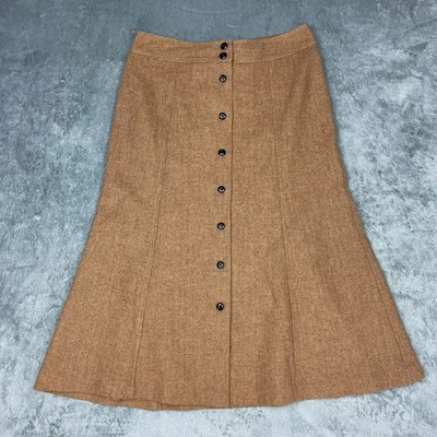 Vtg Talbots Skirt Womens 6 Brown Wool Tweed Herringbone Front Button Midi Flare - Image 1 of 4