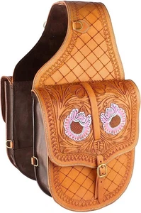 Genuine Leather Western Trail Tooling Carving Horse Saddle Bag. - Picture 1 of 3