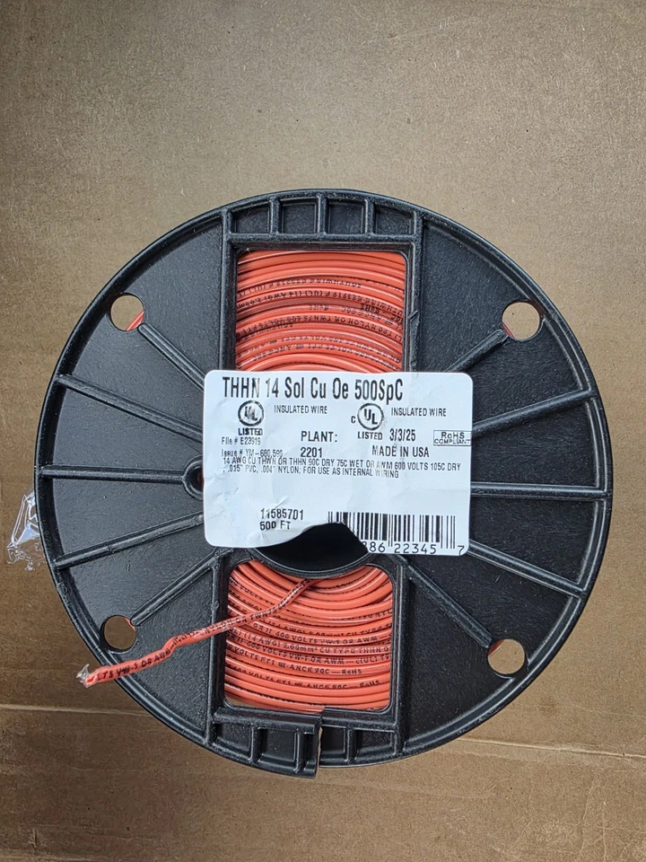 Southwire 11585701 Thhn строительный провод, медь, 14 Awg, 1C, оранжевый, твердый, 500 футов - Изображение 1 из 3