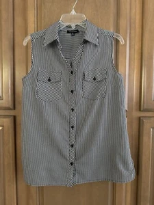 NOTATIONS Womens Sleeveless Black Stripe Button-Up Blouse ~ Size M ~ Pockets - Picture 1 of 11