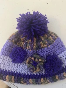 Handmade Crochet Infant Little Girls Black Beanie With Beige Handmade Flower - Picture 1 of 5