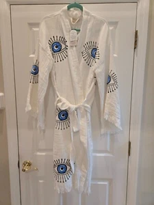 NWT Handmade Cotton Turkish Robe Kimono Bathrobe Evil Eye BoHo Fringe White - Picture 1 of 12