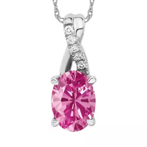 14K Solid White Gold Oval Lab Pink Sapphire Diamond Necklace - Picture 1 of 12