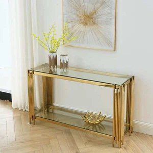 55" 2-Tier Console Table Tempered Glass Entryway Table Sofa Table Hallway Gold - Picture 1 of 9