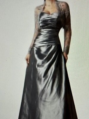 Jade Couture Silk Dupioni Platinum Maxi Strapless Gown w/Lace Bolero - K2241 - 8 - Image 1 of 4