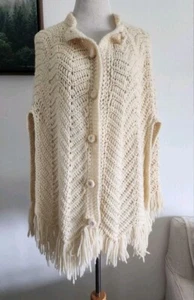 Vintage Ivory Knit Crochet Cape Poncho Shawl Button Up Cardigan Sweater Fringe - Picture 1 of 8
