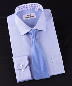 Camicia abito da lavoro formale a spina di pesce blu fiore di giglio italiano polsini con bottoni - Foto 1 di 4