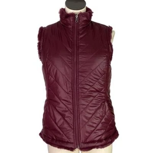 Nicole Miller Vest Women S Red Reversible Quilted Zip Up Faux Fur Pockets Vegan - Picture 1 of 13