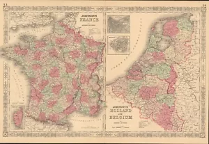 1864 France Holland Belgium by Johnson Ward beautiful antique map 24.8" x 17" - Picture 1 of 3