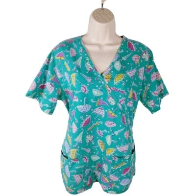 Carol's Scrub Women's Scrub Top Size Small Umbrella Heart Print Teal - Image 1 of 4