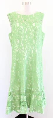 Adrianna Papell Green Ivory Lace Illusion Flounce Hem Dress 16 Spring Cocktail - Image 1 of 4