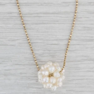 Cultured Pearl Cluster Pendant Necklace 14k Yellow Gold 16.5" Bead Chain - Picture 1 of 6