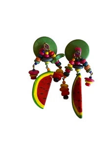 Watermelon-Themed Handmade Wooden Earrings With Bead Accents - Picture 1 of 3