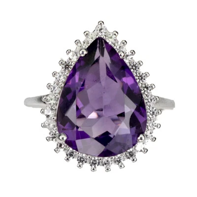 925 Anello Argento Sterling Pera Ametista 16x12mm Zircon Gemma Gioielli Misura 8 - Immagine 1 di 4