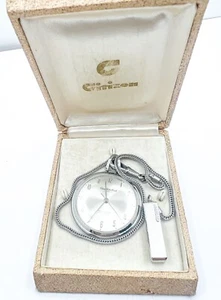 Citizen Pocket Watch 17 Jewels Para Shock Phynox With Box & Chain Working - Picture 1 of 8