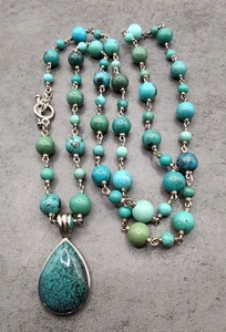 Estate Whitney Kelly Sterling Silver Beaded Turquoise 36" Necklace & Pendant - Picture 1 of 9