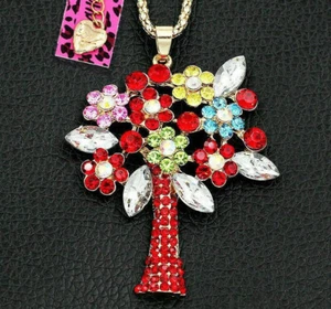Betsey Johnson Crystal Red Tree Life Gold Pendant Necklace Brooch Free Gift Bag - Picture 1 of 5