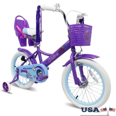 16 Inch Kids Bike Training Wheels Basket Handbrake Doll Seat Reflectors Purple - Image 1 of 4
