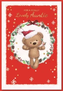 Auntie Christmas Card - Santa Bear and Robin Holly Circle Glitter Foil 7.5x5.25" - Picture 1 of 1