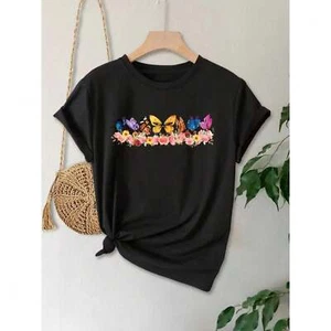 Plus Size Women's Fashionable Butterfly and Floral Printed T-shirt - Picture 1 of 12