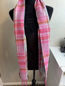 100%CASHMERE-Made In Scotland-Pink/Aqua/green-Plaid-Scarf W/ Fringe-12”x62” - Picture 1 of 5