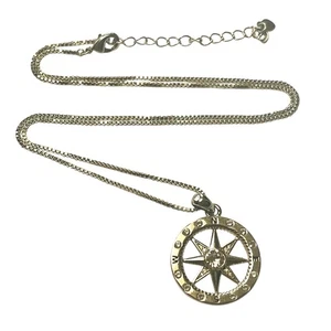 Pendant Necklace Silver Tone Compass 18" Box Chain 2" Extension Clear Crystals - Picture 1 of 12