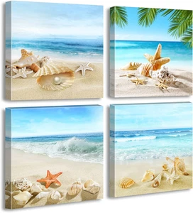Beach Wall Art Bathroom Paintings Decor Seashell Starfish Nature Canvas Pictures - Picture 1 of 12