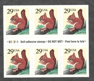 US. 2489. 29c. Red Squirrel. Booklet PB6 #D22211 w/Gutter. MNH. 1991 - Picture 1 of 2