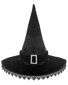Halloween Witch Hat Lace-Trimmed Pointed Hat Women Wizard Hat Black Costume C... - Picture 1 of 7