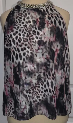 Jennifer Lopez Black Leopard Print Beaded Neckline Sleeveless Blouse Womens S Sm - Immagine 1 di 4