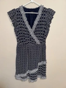 Express Navy & White Cotton Blue & White Eyelet Lace Faux Wrap Dress Sz Med - Picture 1 of 11