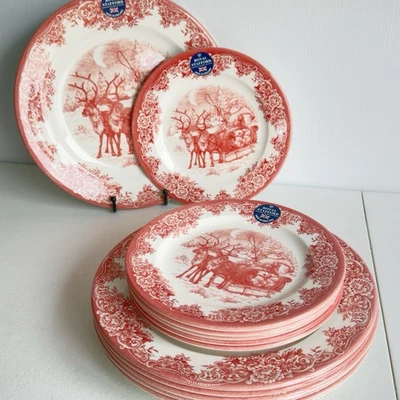Platos de cena de Navidad Royal Stafford - Vajilla de transferencia roja - Hecho en Inglaterra - Juego de 12 Foto 1 de 4