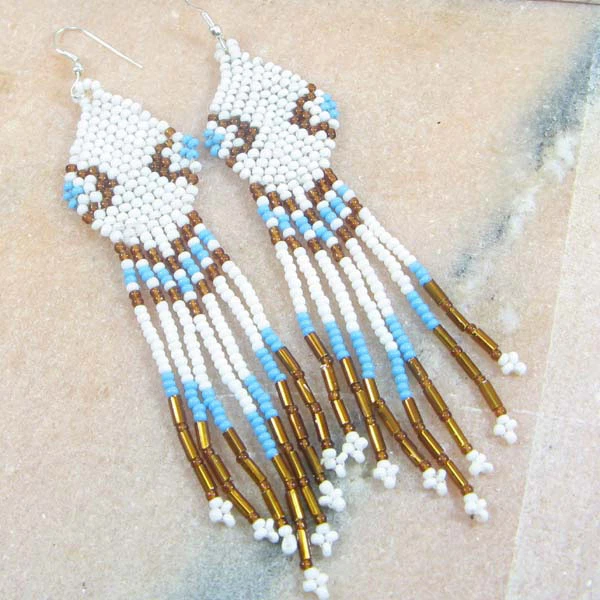WHITE BRONZE BLUE SEED BEADS BEADED EARRINGS HANDMADE E6/7 - Image 1 of 1