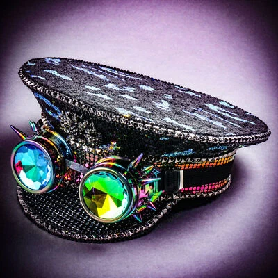 Steampunk Burning Man Captain Hat w/ Kaleidoscope 3D Goggles Black Fisherman Cap - Image 1 of 4