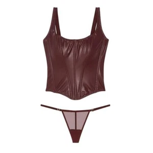 Victoria's Secret Very Sexy Classic Faux Leather Corset & Panty L *Burgundy* NEW - Picture 1 of 3