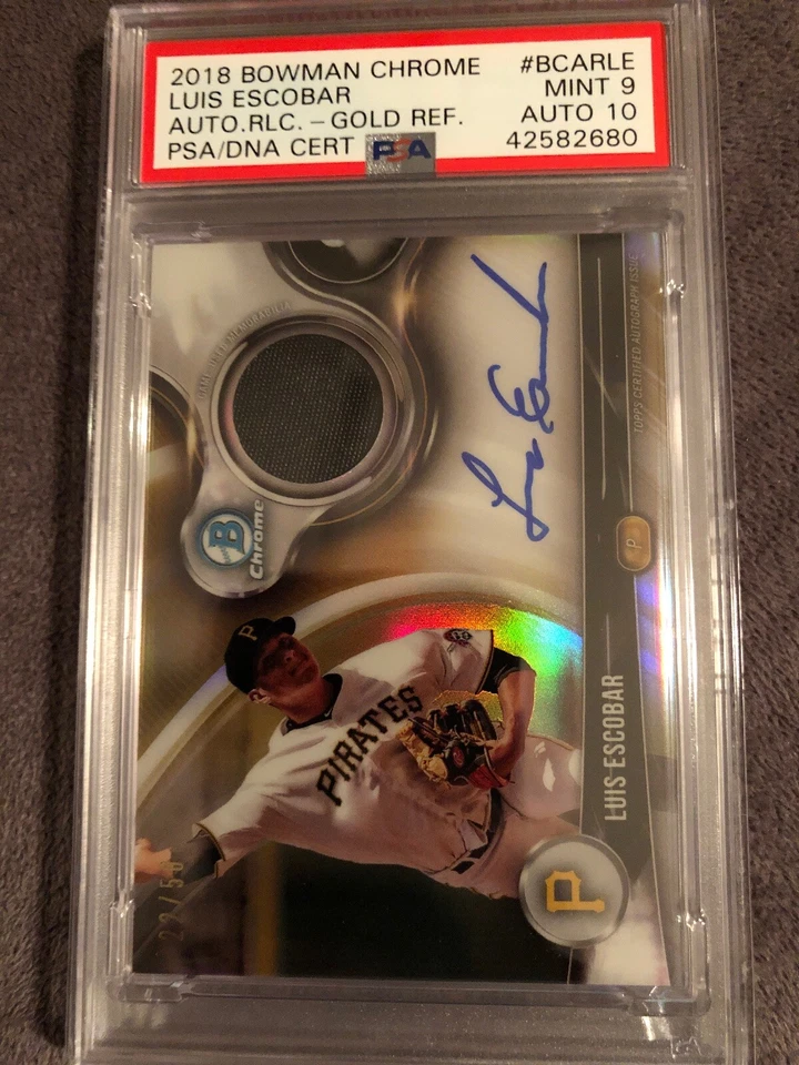 2018 Bowman Chrome Luis Escobar Pirates Gold Ref Relics Auto PSA/DNA 9/10💎POP 1 - Image 1 of 4