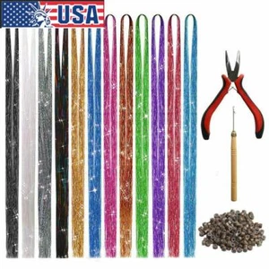 2400 Strands Hair Extension Tinsel with Tools Kit 12 Colors Sparkle Hair Streak - Picture 1 of 12