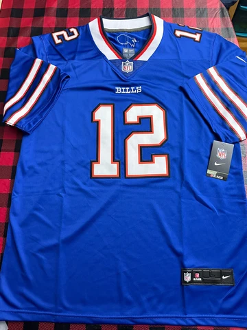 NFL Buffalo Bills #12 JIM KELLY Blue stitched Football Jersey Mens size L NWT Cover