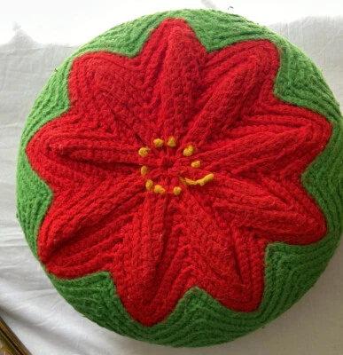 VTG Crochet Round Poinsettia Christmas Pillow 13” Red White Green Handmade - Image 1 of 4