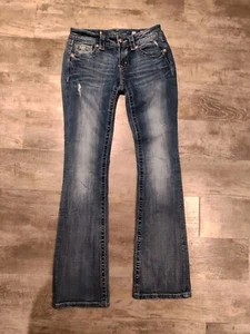 Miss Me Signature Boot Jeans Flower Rhinestones Pockets Actual 29x32 Tag Size 27 - Picture 1 of 24