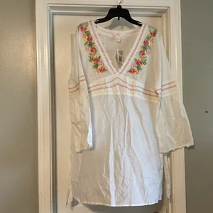 Cruise Wear Co Damen Tunika Oberteil Gr. XL bestickt V-Ausschnitt Krawatte hinten Blumenmuster Neu mit Etikett - Bild 1 von 2