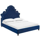 Queen Mod Victorian Velvet Platform Bed Nailhead Gray Ivory Maroon Navy Sea Blue