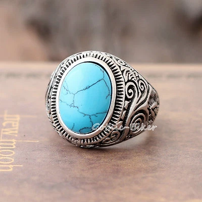 Anillo grande de acero inoxidable con piedras preciosas turquesas ovaladas azules naturales para hombre talla 7-15 de EE. UU. Foto 1 de 4