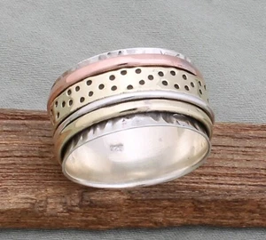 Three Tone Fidget Anxiety Spinner Ring 925 Sterling Silver Textured Band Ring - Picture 1 of 6