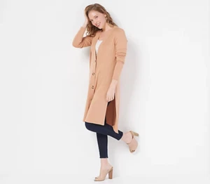 All Worthy Button Front Knee Length Side Slit Knit Cardigan in Desert Tan Medium - Picture 1 of 3