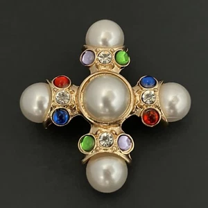 Byzantine Maltese Cross Brooch Pin Faux Pearl Gripoix Style Cabochon Gold Tone - Picture 1 of 5