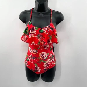 Janela Bay Womens Red Floral Ruffle One Piece Swim Suit Open Back Size XS NEW - Picture 1 of 11