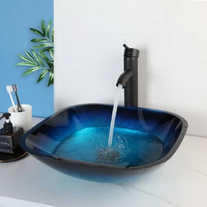 17" Blue Glass Bathroom Vessel Sinks Square Basin Bowl With Black Faucet + Drain - Picture 1 of 12