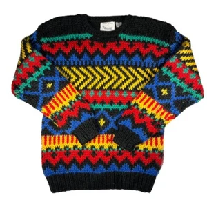 Vintage 80s Moments Colorful Geometric Chunky Knit Sweater Cottagecore Hipster - Picture 1 of 6