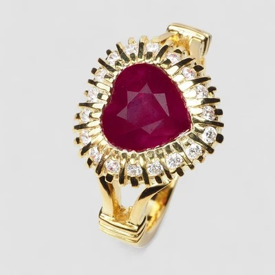 24K Gold 925 Sterling Silver Rings Blood Ruby Heart Rings 2.30Ct Fine Jewelry - Image 1 of 4